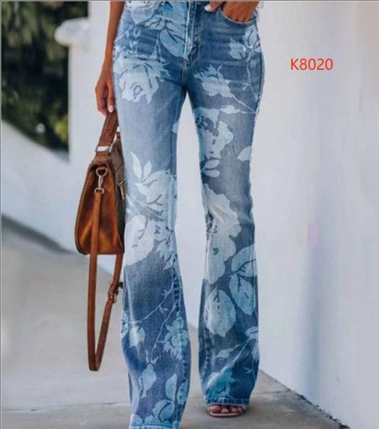 Denim Blue/White Flower Print Women's Jeans to 5X Plus Size