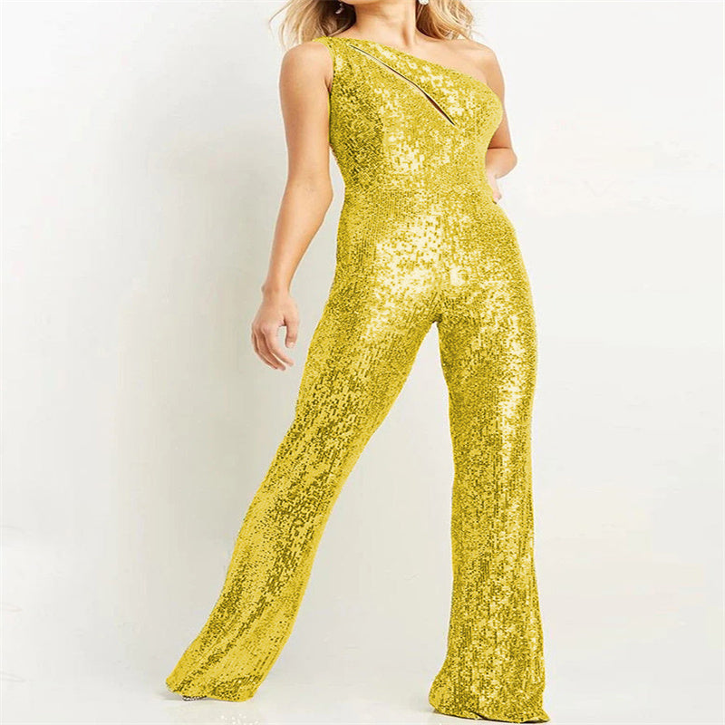 Yellow Sequin Asymmetrical One Shoulder Wide Leg Party Jumpsuit