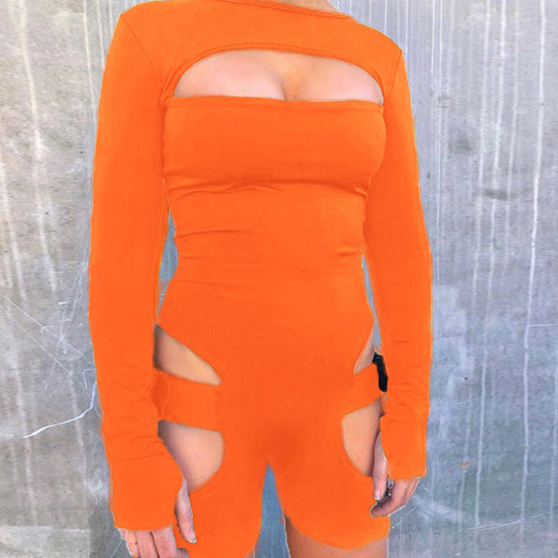 Hollow-Out Adjustable Buckle Long Sleeve Women's Shorts Romper