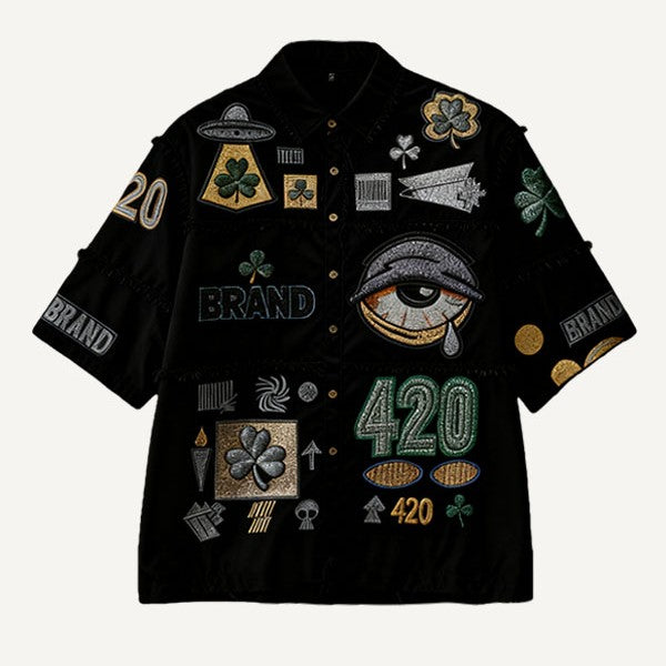 Men's Black 420 Evil Eye Graffiti Letter Embedded Turn-Down Collar Shirt