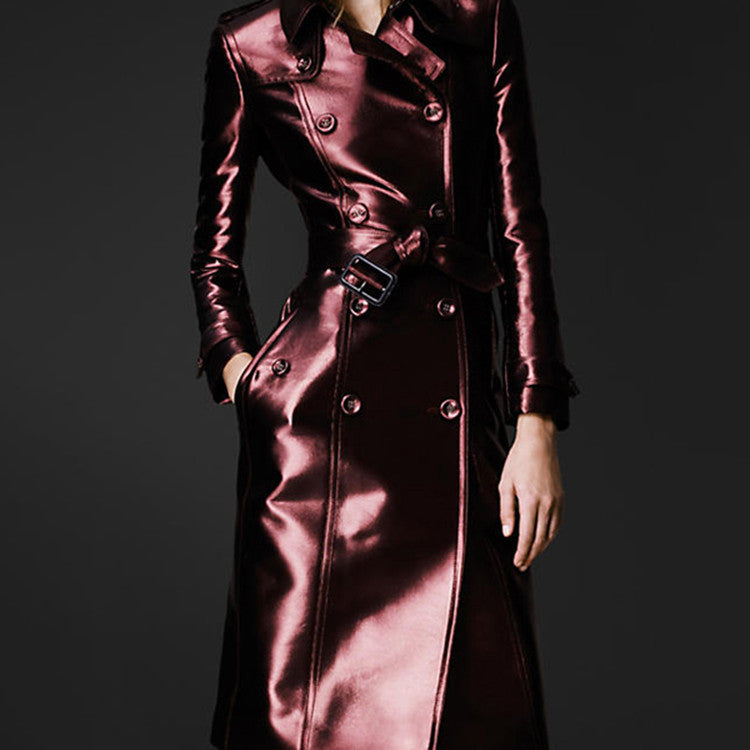 Shiny PU Leather Button Detail Double Breasted Women's Sash Belted Trenchcoat to 3X Plus Size