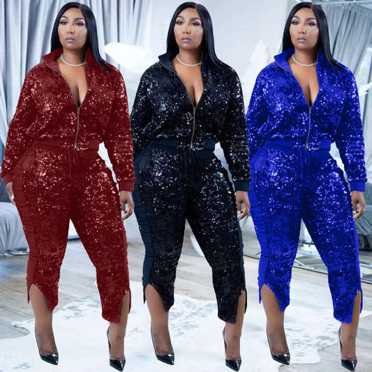 Sparkling Sequin Glitter Women's Zipper Jacket + Split Leg Pants Tracksuit to 3X Plus Size