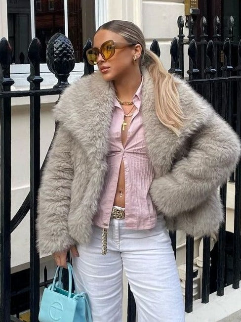 Shaggy Faux Fur Women's Solid Color Plush Thick Long Sleeve Jacket