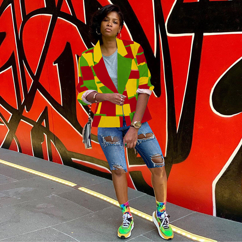 Colorblock Red/Yellow/Green Women's Multi-Colored Blazer Jacket
