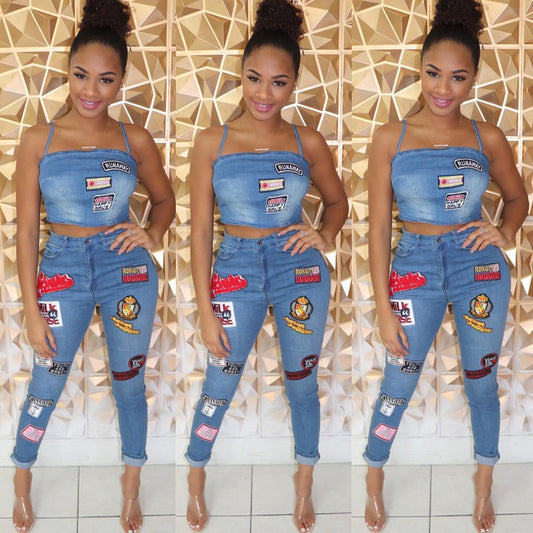 Denim Streetwear Cartoon Patchwork Design Women's Tube Top + Skinny Cuffed Jeans 2-Piece Set