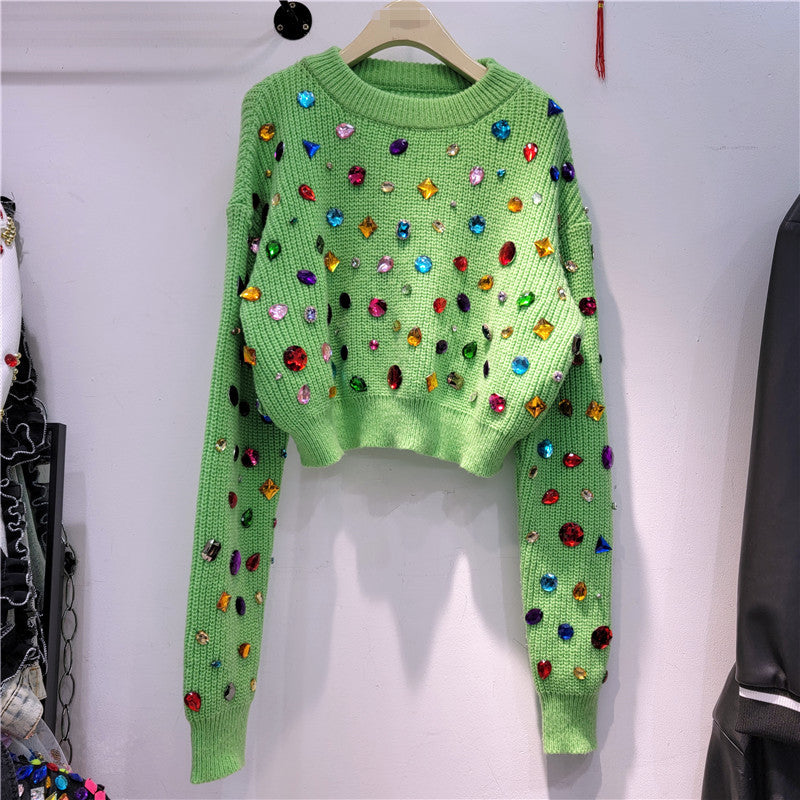 Ribbed Rainbow Color Diamond Hot Drill Embellished Women's Long Sleeve O-Neck Sweater
