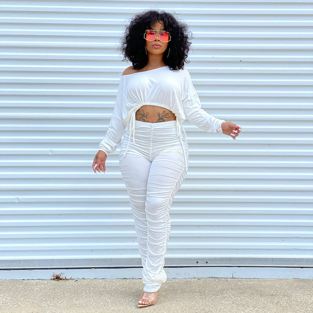 Ruched Women's Long Sleeve Midrift Crop Top + Drawstring Stacked Leggings Set