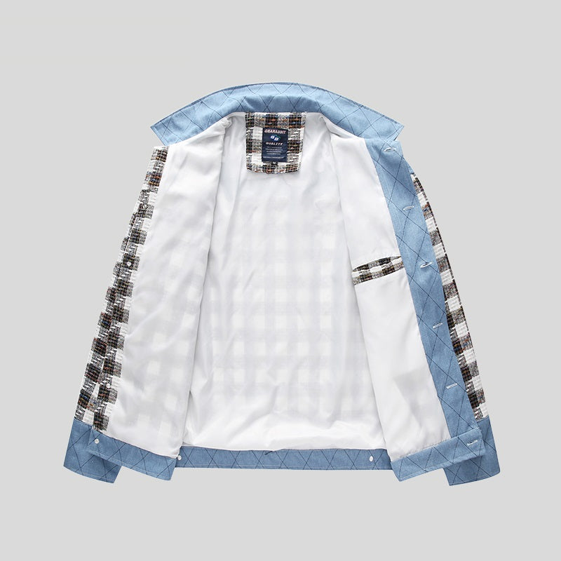 Men's Denim "Original Plaid Checker Colorblock Button-Up Letter Print Jean Jacket