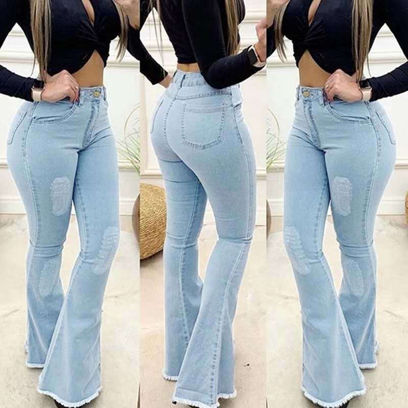Denim Ripped Tassel Design Women's Elastic Wide Leg Bootcut Jeans