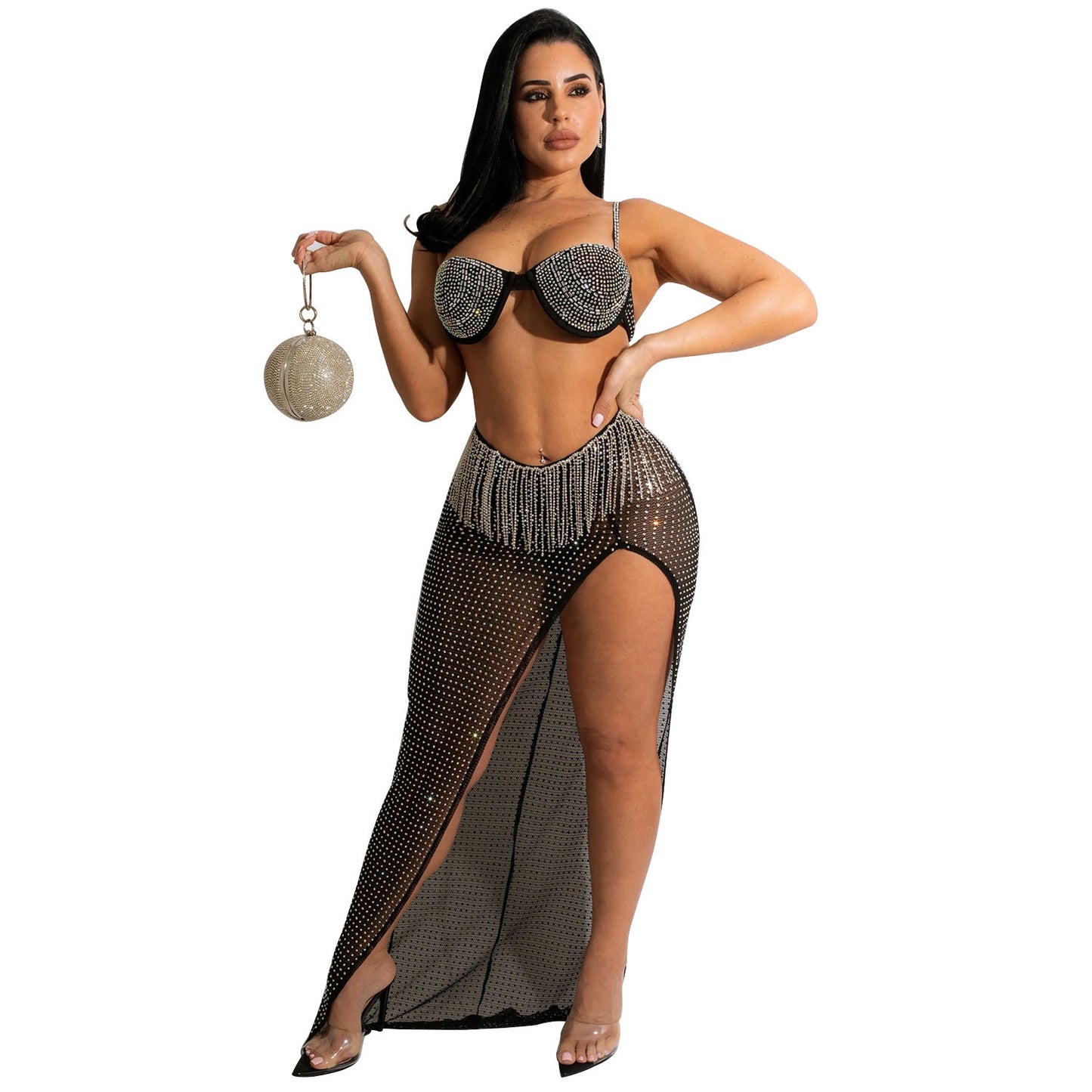 Metallic Silver/Black Mesh Rhinestone Bra + Tassel Fringe High Side Slit Maxi Skirt 2-Piece Set