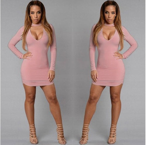 Sexy Skinny Fit Hollow-Out Solid Color Long Sleeve Club Party Mini Dress