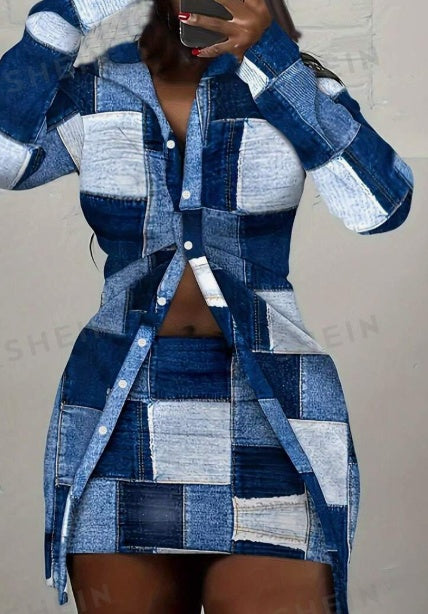 Faux Denim Checker Colorblock Print Button-Up Long Sleeve Sleeve Blouse + Mini Skirt Women's 2-Piece Set