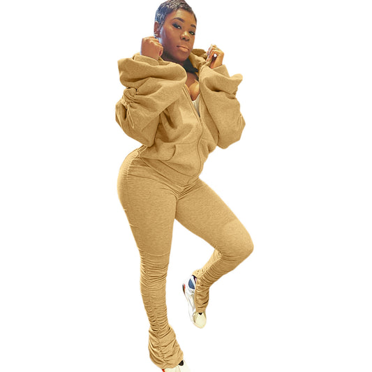 Ruched Balloon Sleeve Women's Sportswear Long Sleeve Zipper Jacket + Stacked Leggings Tracksuit to 3X Plus Size