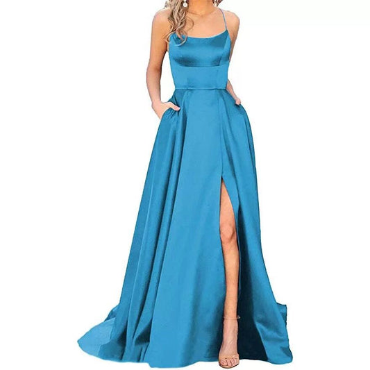Silk Solid Color Halter Spaghetti Strap High Slit Bridesmaid/Party Formal Dress to 3X Plus Size
