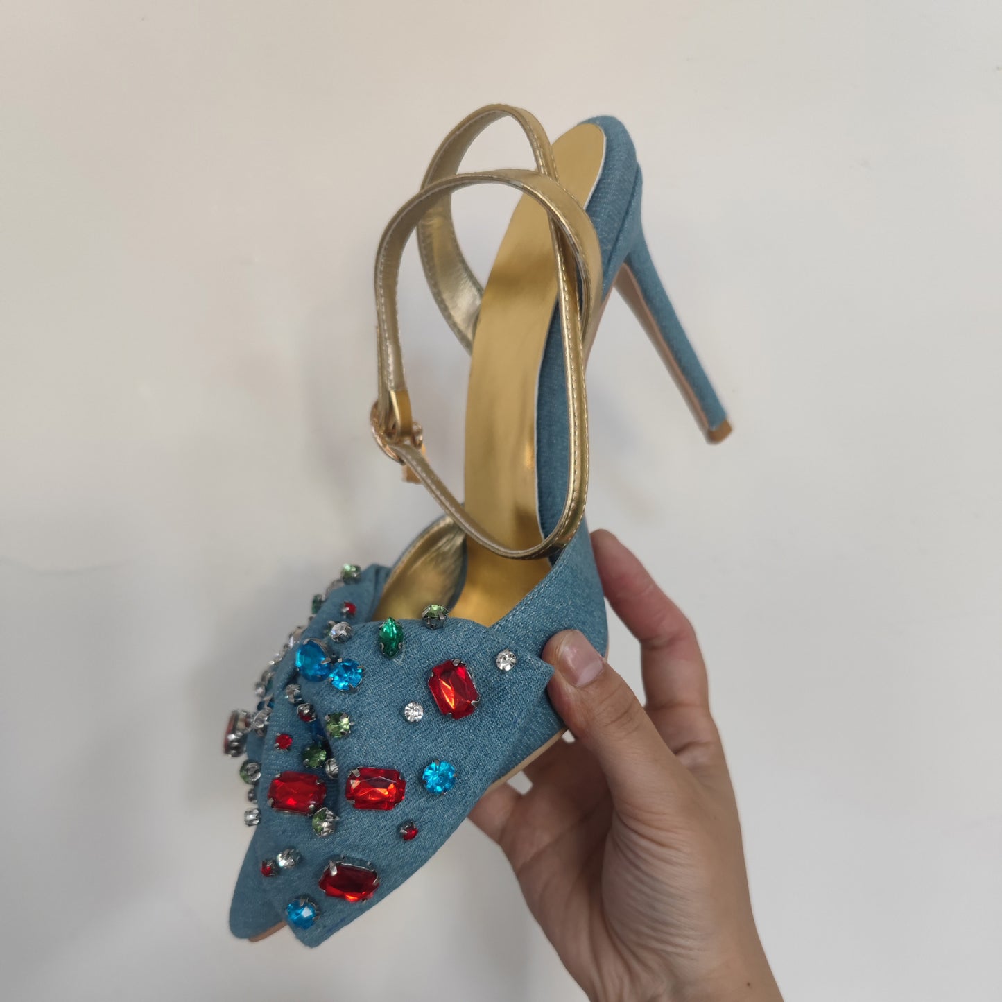 Denim Bow Rainbow Rhinestone Decor Women's Pointed Toe Closed Toe High Heel Slingback Mule Pumps