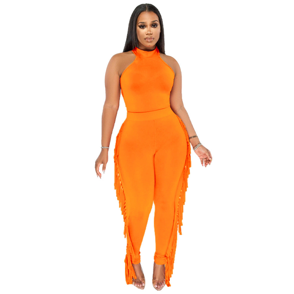 Sleeveless Solid Color Bodycon Mock Neck Women's Top + Tassel Fringe Design Leggings Solid Color 2-Piece Set