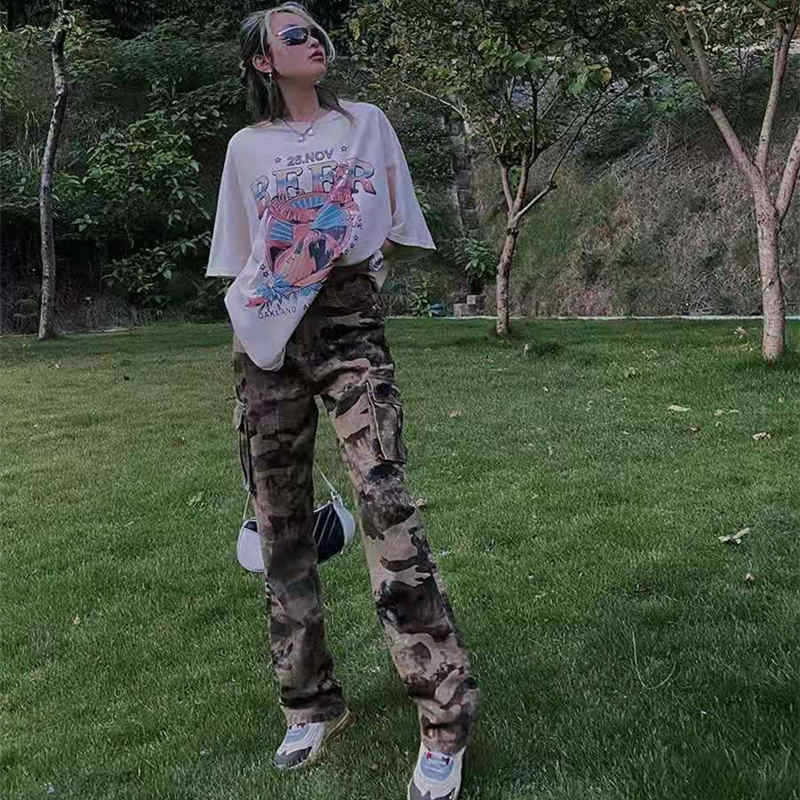 Camoflauge Washed Women's Multi-Pocketed Hip-Hop Military Streetwear Cargo Pants