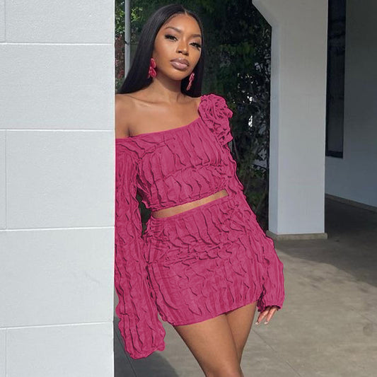 Hot Pink Flower Decor Women's Crop Top + Mini Skirt Solid Color 2-Piece Set