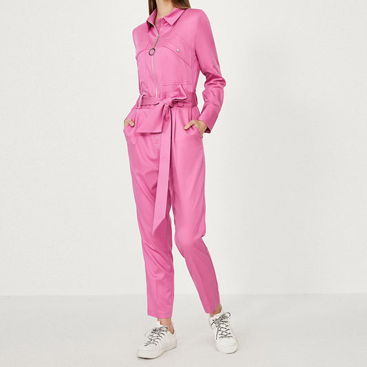 Rivet Turn-Down Collar Long Sleeve Skinny Solid Color Women's Zipper Jumpsuit w/ Sash Belt