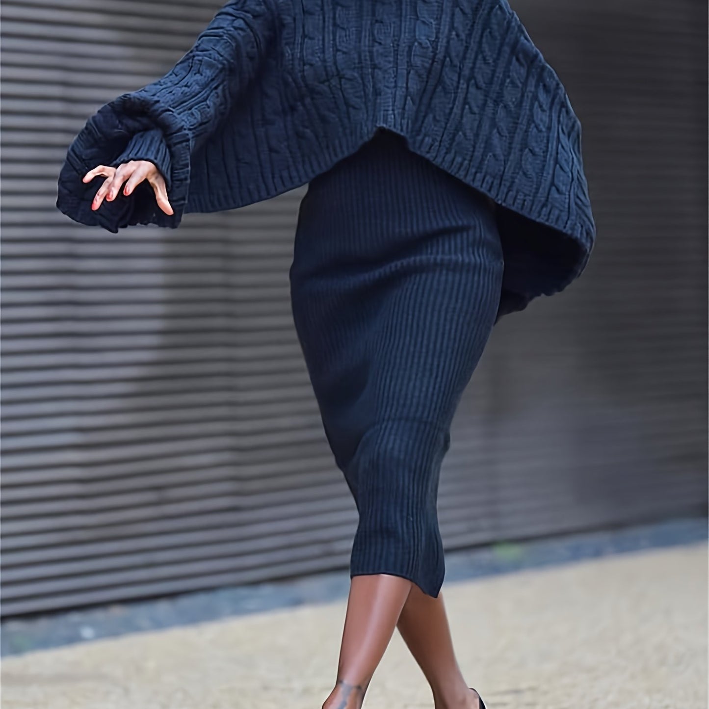 Turtleneck Knitted Weave Pattern Baggy Cape Sleeve Long Sleeve Sweater + Ribbed Tank Sweater Dress 2-Piece Set