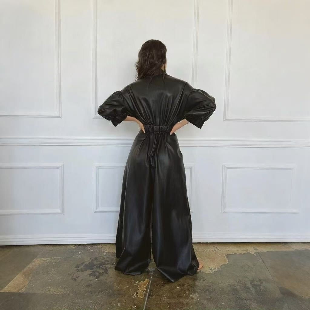 Black Retro Loose PU Leather Button-Up Long Puff Sleeve Women's Pocketed Wide Leg Jumpsuit