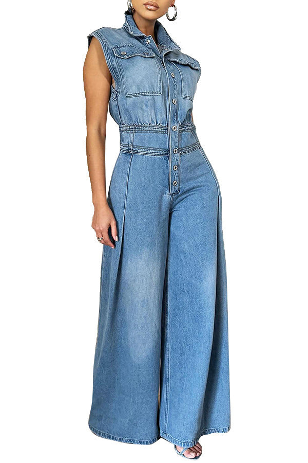 Denim Blue Washed Sleeveless Turn-Down Collar Wide Leg Women's Jeans Jumpsuit