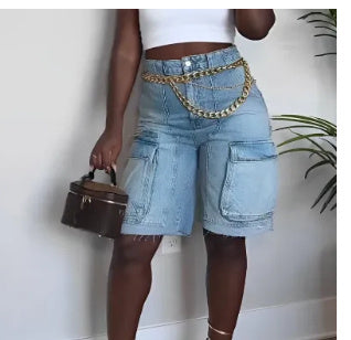 Denim Faded Blue Washed Cargo Pocketed Women's Jean Shorts to 3X Plus Size