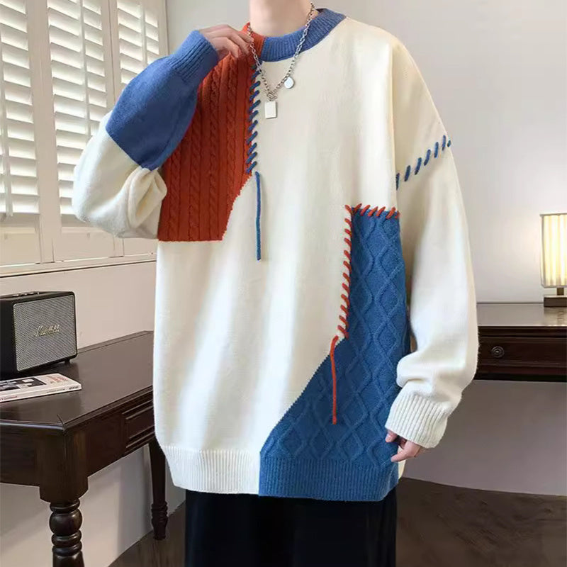 Men's Colorblock Stitch Pattern Oversized Hip-Hop Pullover Long Sleeve Sweater