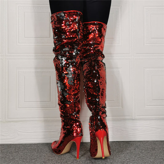 Red/Silver Sequin Women's FishMouth High Heel Over-the-Knee Peep Toe Boots