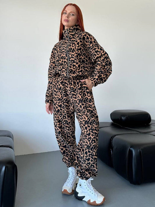 Leopard Print Long Sleeve Women's Zipper Sports Jacket + Matching Sweatpants Tracksuit Suit