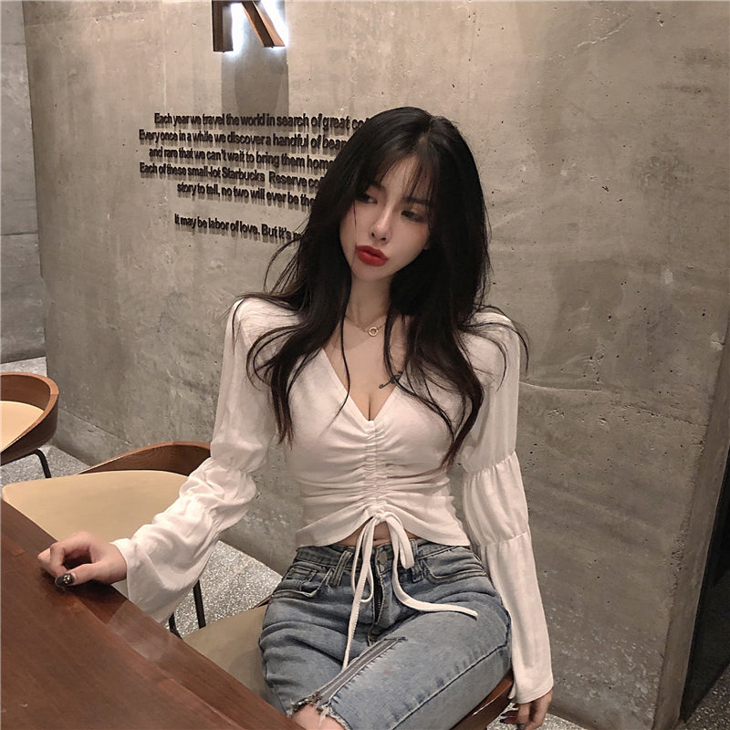 Drawstring V-Neck Women's Long Flared Sleeve Solid Color Shirt