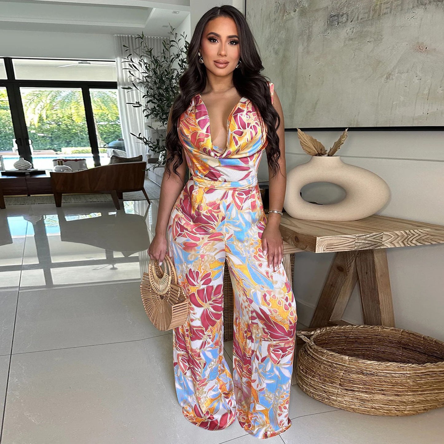 Tropical Print Deep V-Neck Women's Sleeveless Hollow-Out, Lace-Up Back Wide Leg Jumpsuit