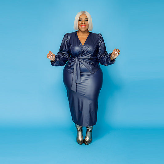 PU Leather Ruched Long Balloon Sleeve Sleeve Solid Color Women's Maxi Dress w/ Sash Belt to 5X Plus Size