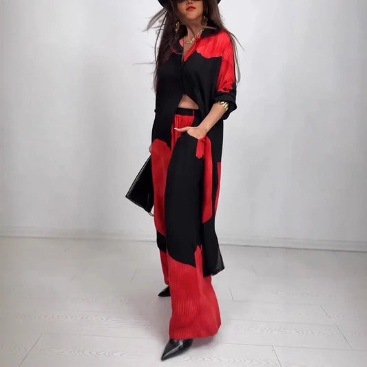 Geometric Colorblock Women's Long Sleeve Maxi Blouse + Pants 2-Piece Sets to 5X Plus Size