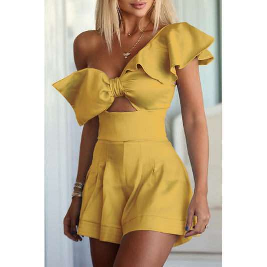 Ruffled Big Bow Design One Shoulder Asymmetrical Hollow-Out One Piece Shorts Romper