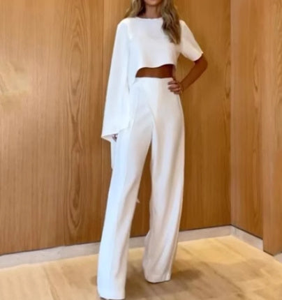 White Asymmetrical Women's One Sleeve Shirt + Pants 2-Piece Set