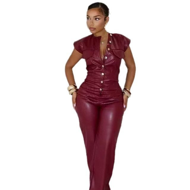 Burgundy PU Leather Women's Sleeveless Button-Up Jumpsuit