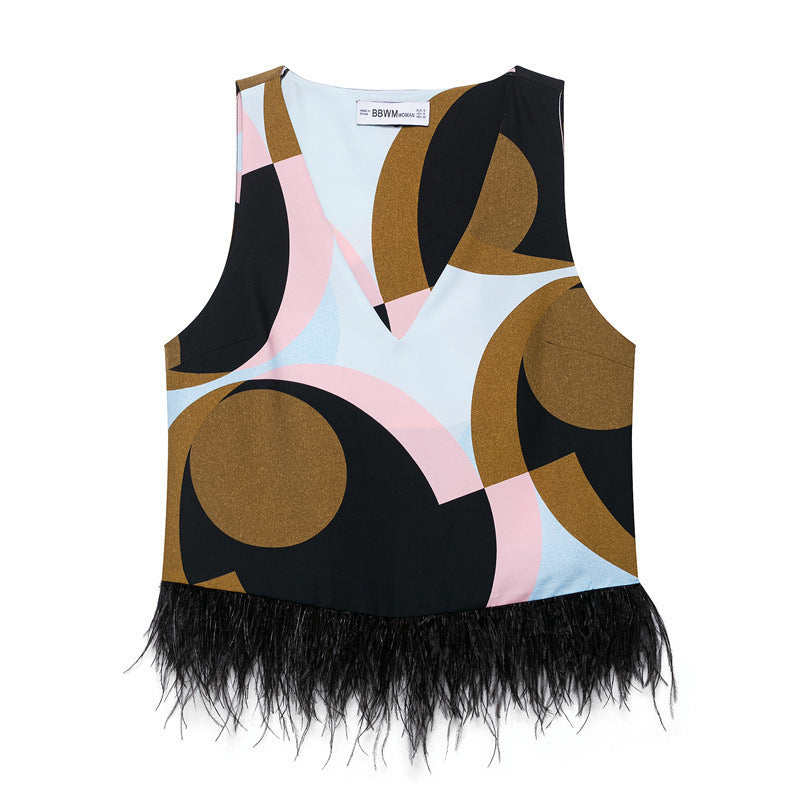 Feather Tassel Hem Geometric Print Sleeveless Top + Bell-Bottom Pants Women's 2-Piece Set-SOLD SEPARATELY