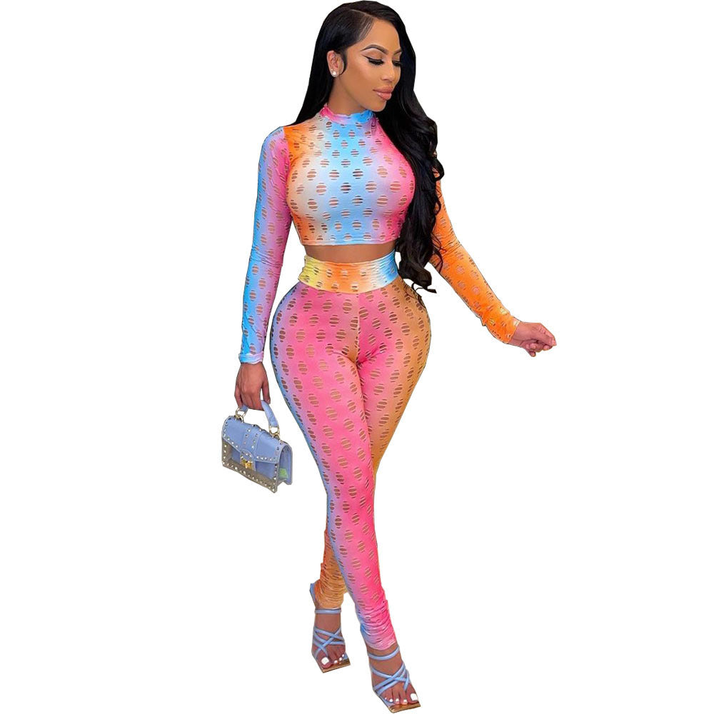 Gradient Colorblock Mock Neck Long Sleeve Crop Top + Leggings Skin Tight 2-Piece Set