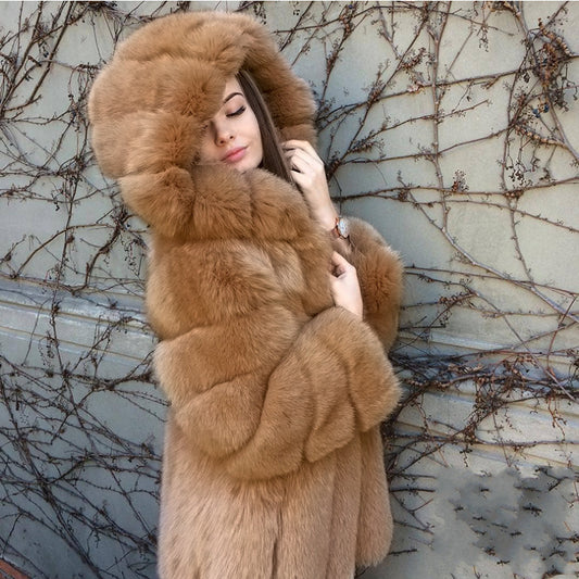 Faux Fur Ribbed Women's Long Sleeve Short Solid Color Hoodie Coat
