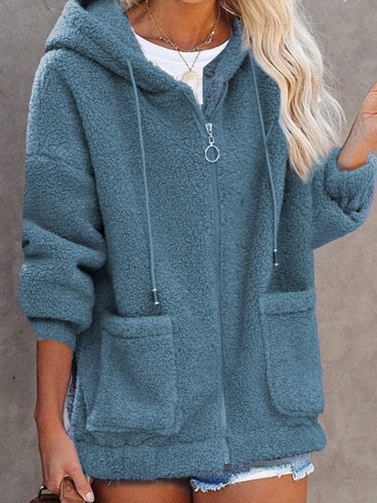 Fleece Solid Color Loose Women's Zipper Hoodie Jacket