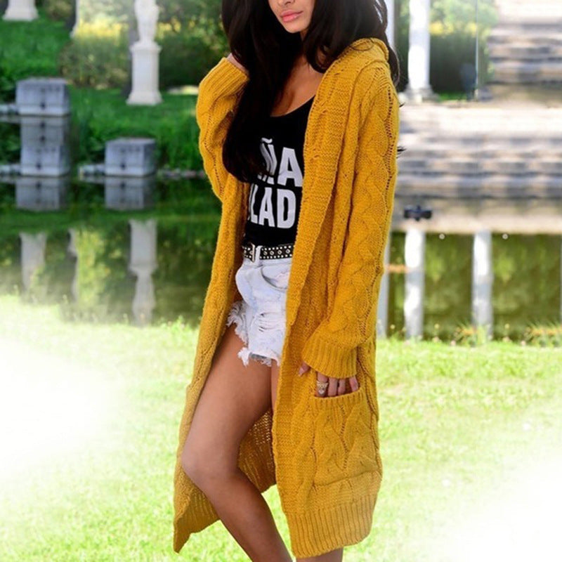 Oversized Knitted Weave Pattern Loose Pocketed Women's Hoodie Maxi Sweater