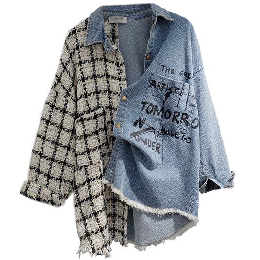 Denim Irregular Plaid Graffiti Print Patchwork Contrast Loose Women's Turn-Down Collar Jean Shirt