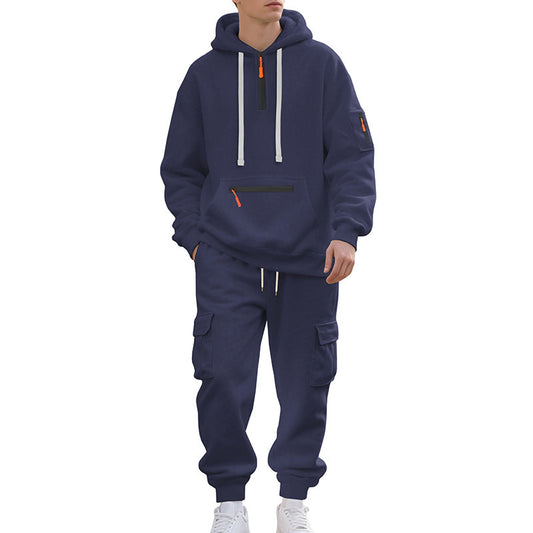 Men's Fleece Lined Zipper Pocket Drawstring Hoodie Sweatshirt + Multi-Pocket Cargo Sweatpants 2-Piece Tracksuit