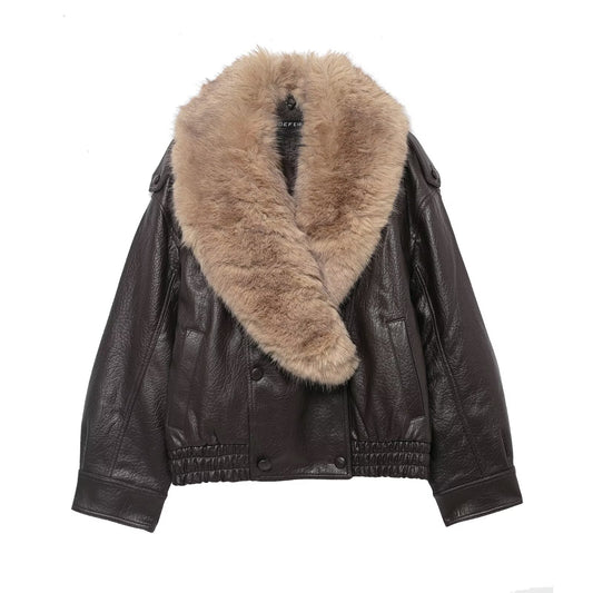 Brown Leather Women's Oversized Turn-Down Faux Fur Lined Streetwear Women's Jacket
