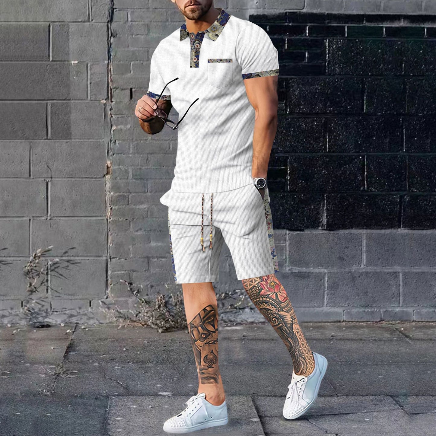 Men's Waffle Pattern Polo Shirt + Drawstring Shorts 2-Piece Set
