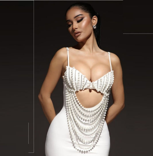 Pearl Tassel Fringe Embellished Sleeveless Hollow-Out Spaghetti Strap Formal Dress