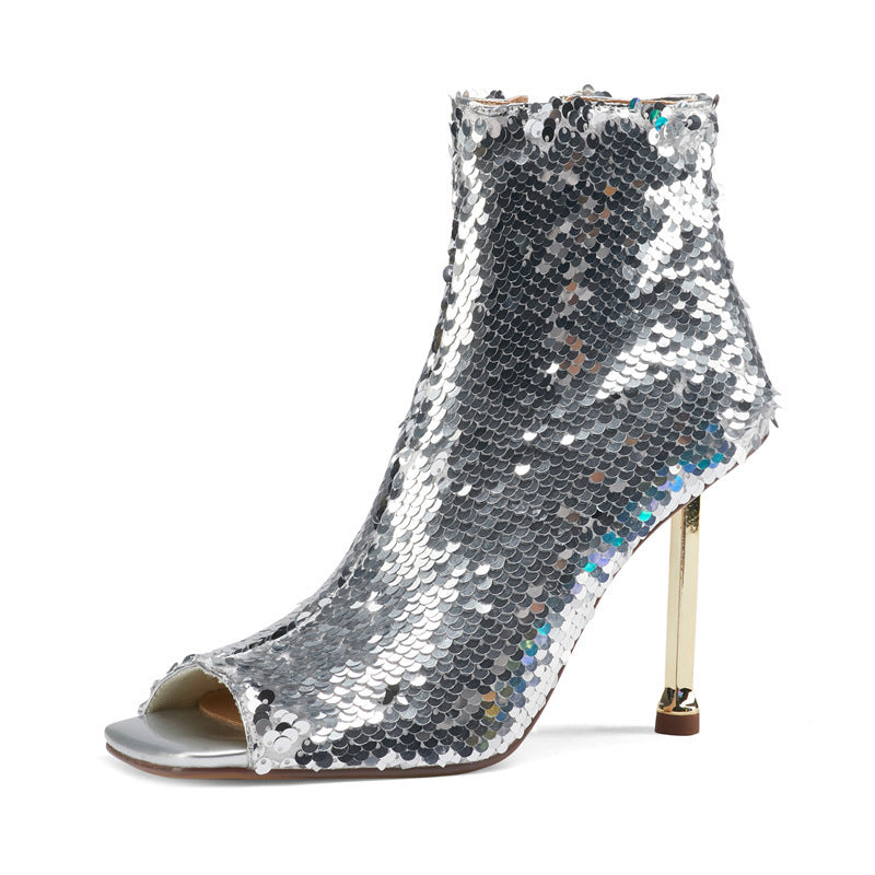 Sequined Metallic FishMouth Zipper Gold Metal Stiletto Heel Women's Ankle Boots