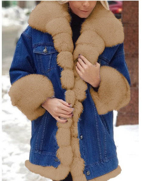 Denim White/Brown/Khaki Faux Fur Lined Collar 3/4 Length Women's Long Sleeve Jean Coat to 5X Plus Size