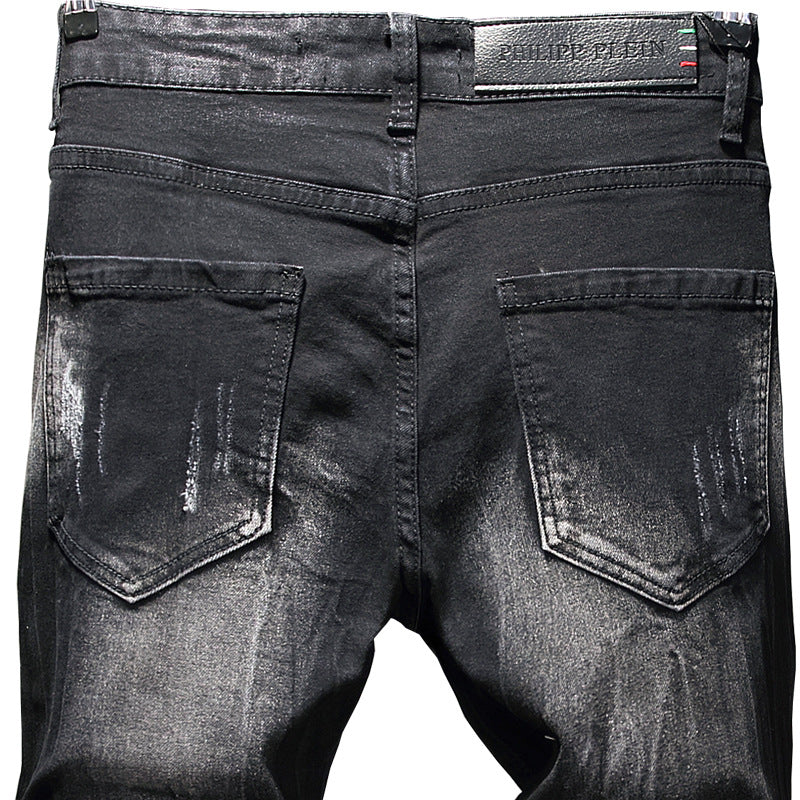 Men's Denim Black Faded Painted Airbrush Graffiti Heart Print Skinny Jeans